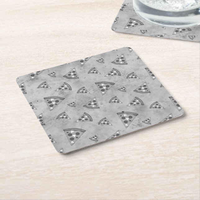 Cool pizza slices vintage black white grey pattern square paper coaster (Angled)