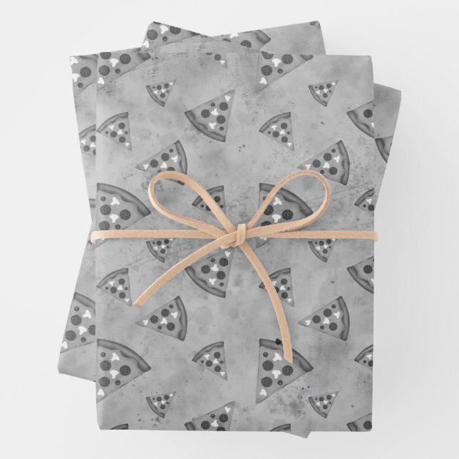 Cool pizza slices vintage black white grey pattern wrapping paper sheet (In situ)