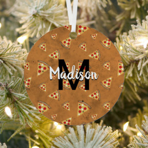 Cool pizza slices vintage brown pattern Monogram Metal Tree Decoration