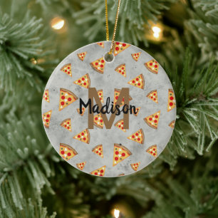 Cool pizza slices vintage grey pattern Monogram Ceramic Tree Decoration