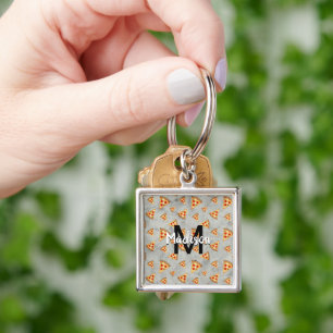 Cool pizza slices vintage grey pattern Monogram Key Ring