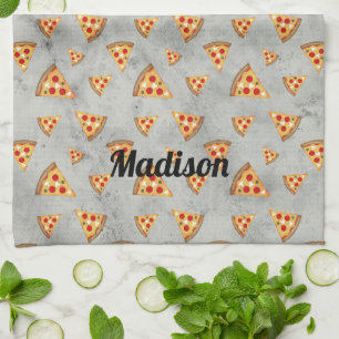 Cool pizza slices vintage grey pattern Personalise Tea Towel