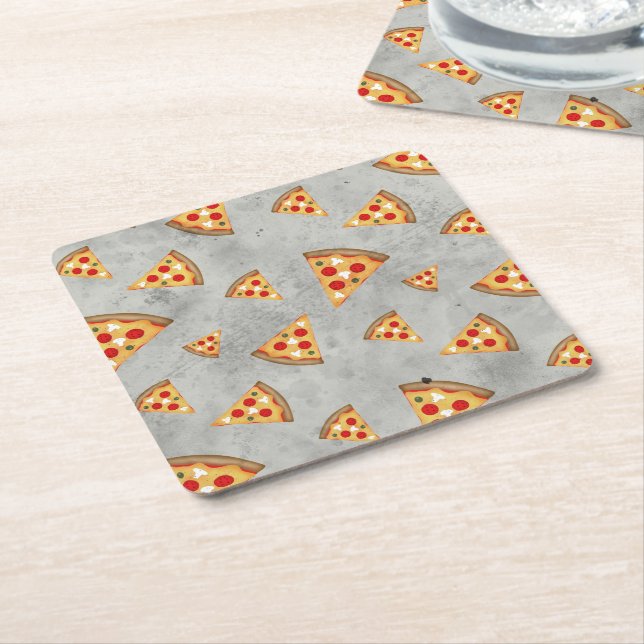 Cool pizza slices vintage grey pattern square paper coaster (Angled)