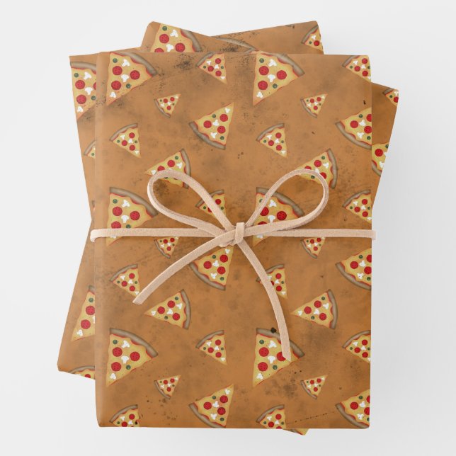 Cool pizza slices vintage orange brown pattern wrapping paper sheet (In situ)