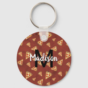 Cool pizza slices vintage red pattern Monogram Key Ring
