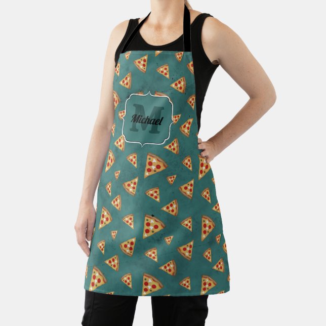 Cool pizza slices vintage teal pattern Monogram Apron (Insitu)