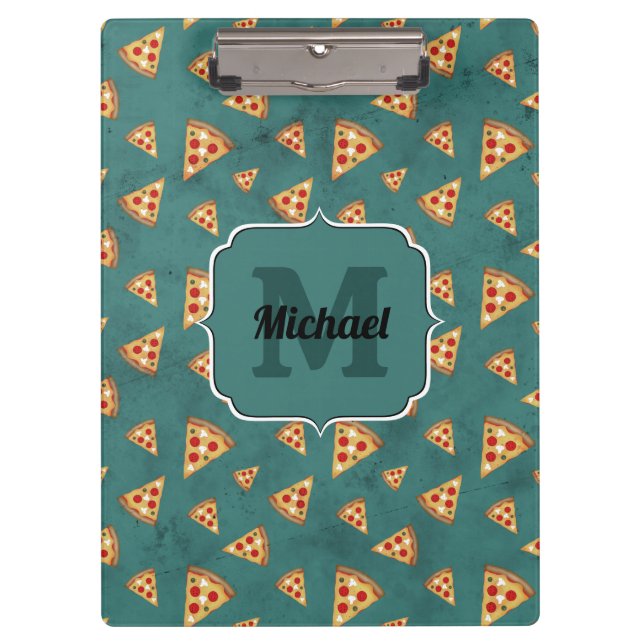 Cool pizza slices vintage teal pattern Monogram Clipboard (Front)