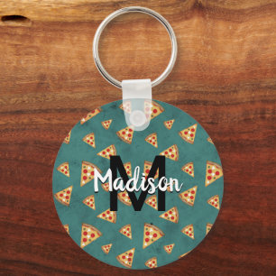 Cool pizza slices vintage teal pattern Monogram Key Ring