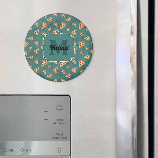 Cool pizza slices vintage teal pattern Monogram Magnet (In Situ (Fridge))