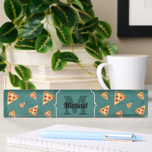 Cool pizza slices vintage teal pattern Monogram Nameplate
