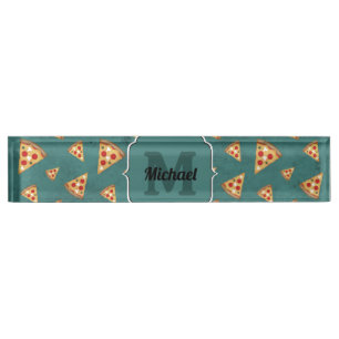 Cool pizza slices vintage teal pattern Monogram Nameplate