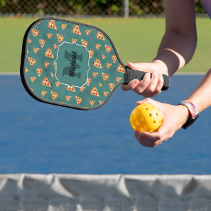 Cool pizza slices vintage teal pattern Monogram Pickleball Paddle