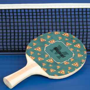 Cool pizza slices vintage teal pattern Monogram Ping Pong Paddle