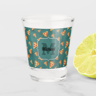 Cool pizza slices vintage teal pattern Monogram Shot Glass