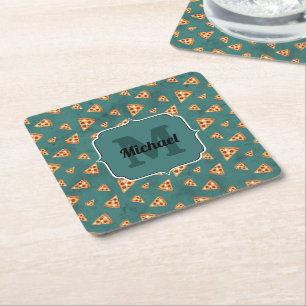 Cool pizza slices vintage teal pattern Monogram Square Paper Coaster