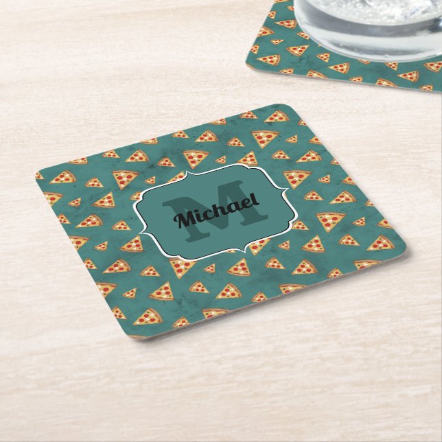 Cool pizza slices vintage teal pattern Monogram Square Paper Coaster (Angled)