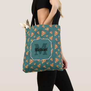 Cool pizza slices vintage teal pattern Monogram Tote Bag