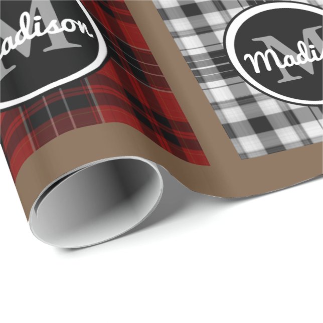 Cool Plaids w/Monogram & Name Wrapping Paper (Roll Corner)