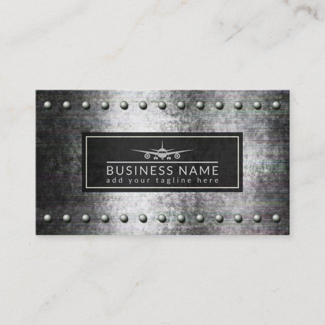 Cool Plane Silhouette Rough Steel Rivets Aviation Business Card (Front)