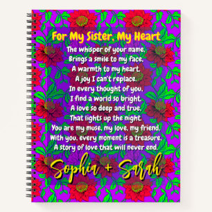 Cool Poem for My Sister   Personalised Floral Gift Notebook