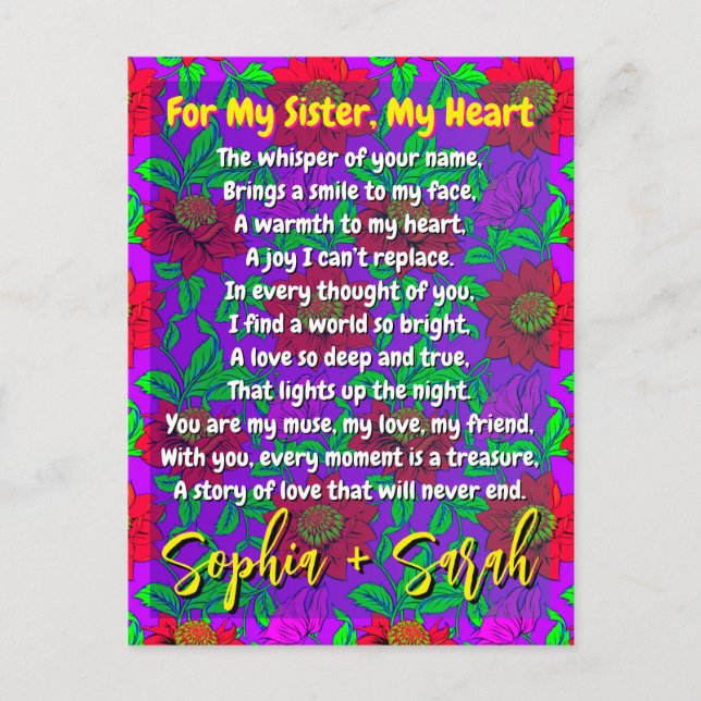 Cool Poem for My Sister | Personalised Floral Postcard (Front)