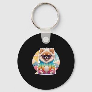 Cool Pomeranian in Rainbow Hoodie Key Ring