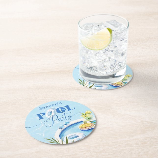 Cool pool birthday party blue swimming round paper coaster (Insitu)