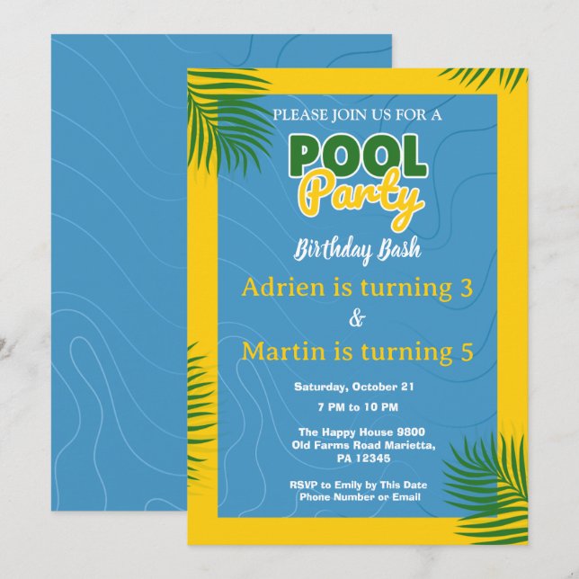 Cool Pool Party Swimming joint Birthday  Invitation (Front/Back)