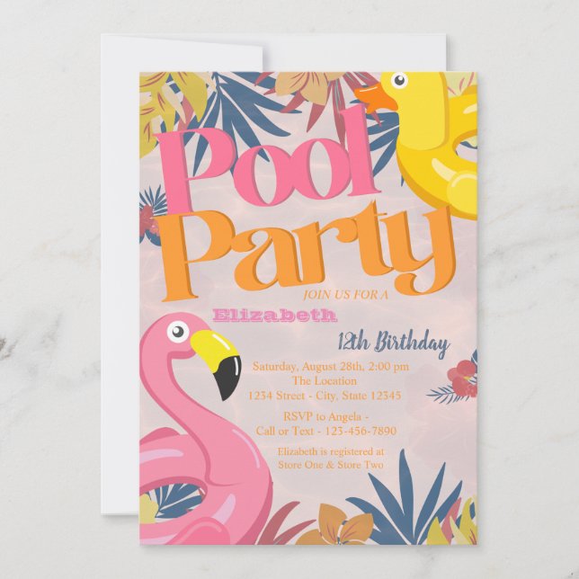Cool Pool Party Toys Tropical Leaves Birthday  Invitation (Front)