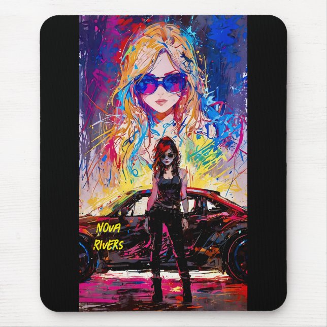Cool Pop Art anime female race car driver editable Mouse Mat (Front)