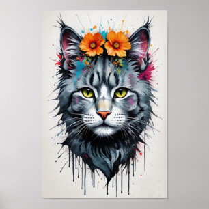 Cool Pop Art Colourful Cat With Flowers Portrait Poster