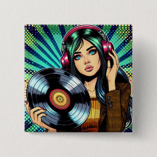 Cool Pop Art Comic Style Girl with Vinyl Album 15 Cm Square Badge