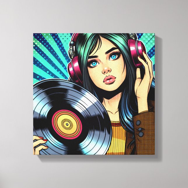 Cool Pop Art Comic Style Girl with Vinyl Album Canvas Print (Front)