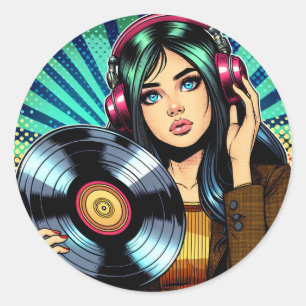 Cool Pop Art Comic Style Girl with Vinyl Album Classic Round Sticker