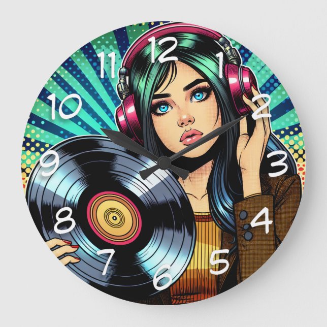 Cool Pop Art Comic Style Girl with Vinyl Album Large Clock (Front)