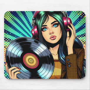 Cool Pop Art Comic Style Girl with Vinyl Album Mouse Mat