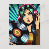 Cool Pop Art Comic Style Girl with Vinyl Album