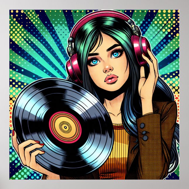 Cool Pop Art Comic Style Girl with Vinyl Album Poster (Front)