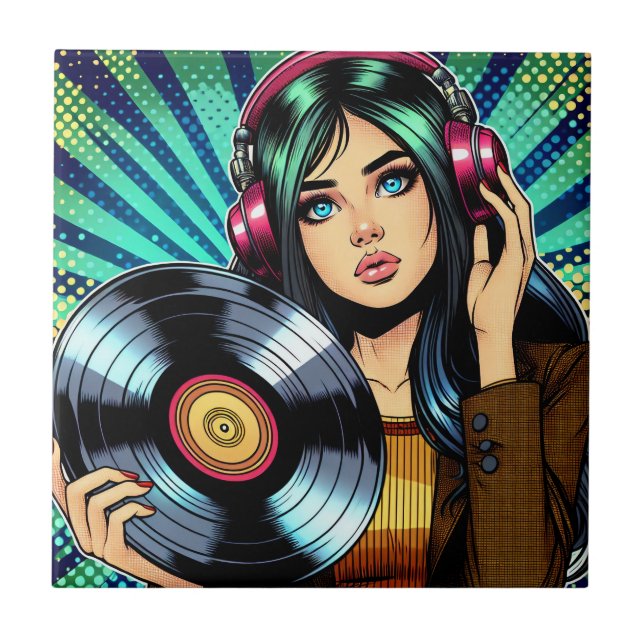Cool Pop Art Comic Style Girl with Vinyl Album Tile (Front)