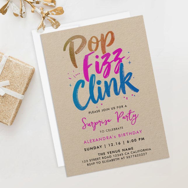 Cool Pop Fizz Clink Pink Blue Calligraphy Script Invitation (Creator Uploaded)