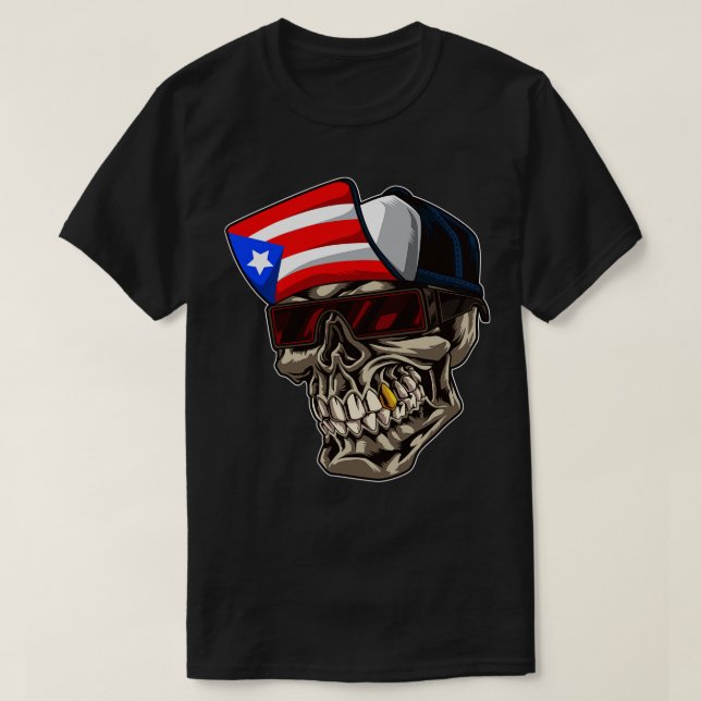 Cool Puerto Rico Skull With Cap and Boricua Flag  T-Shirt (Design Front)