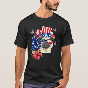 Cool Pug Dog And Rose American Flag 4th Of July T-Shirt