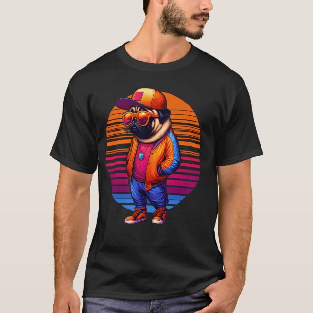 Cool Pug Dog Modern Urban Style Sunset Retro Graph T-Shirt (Front)