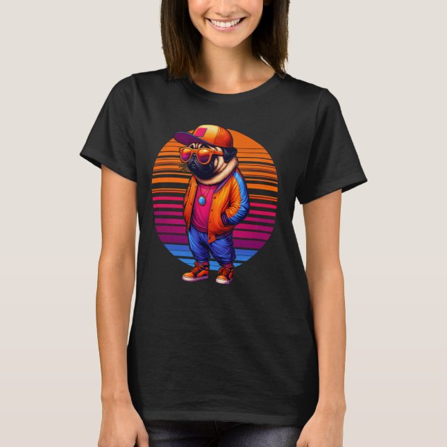 Cool Pug Dog Modern Urban Style Sunset Retro Graph T-Shirt (Front)
