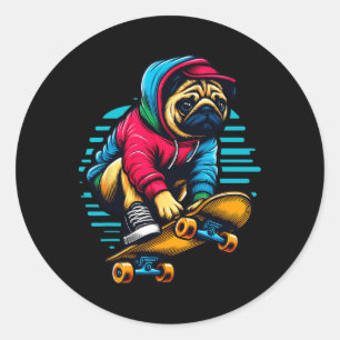 Cool Pug Dog Owner Skateboarding Illustration Art Classic Round Sticker