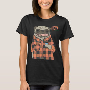 Cool Pug Dog Wearing Flannel And Holding Drink T-Shirt