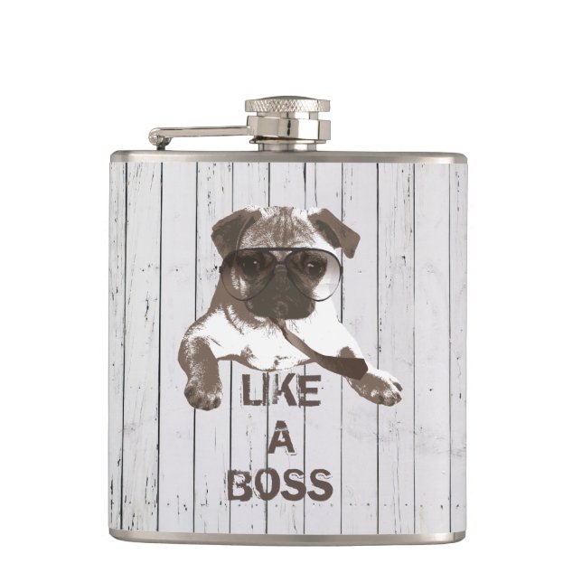 Cool Pug in Glasses Like a Boss Flask (Front)