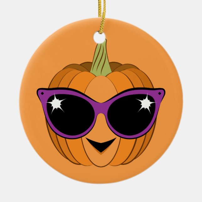 Cool Pumpkin Wearing Retro Cat Sunglasses Ceramic Tree Decoration (Front)