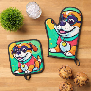 Cool Pup Cartoon Style Artwork Oven Mitt & Pot Holder Set
