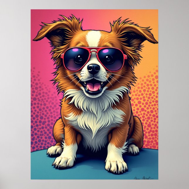 Cool Pup Vibes – Dog in Aviator Sunglasses Pop Art Poster (Front)